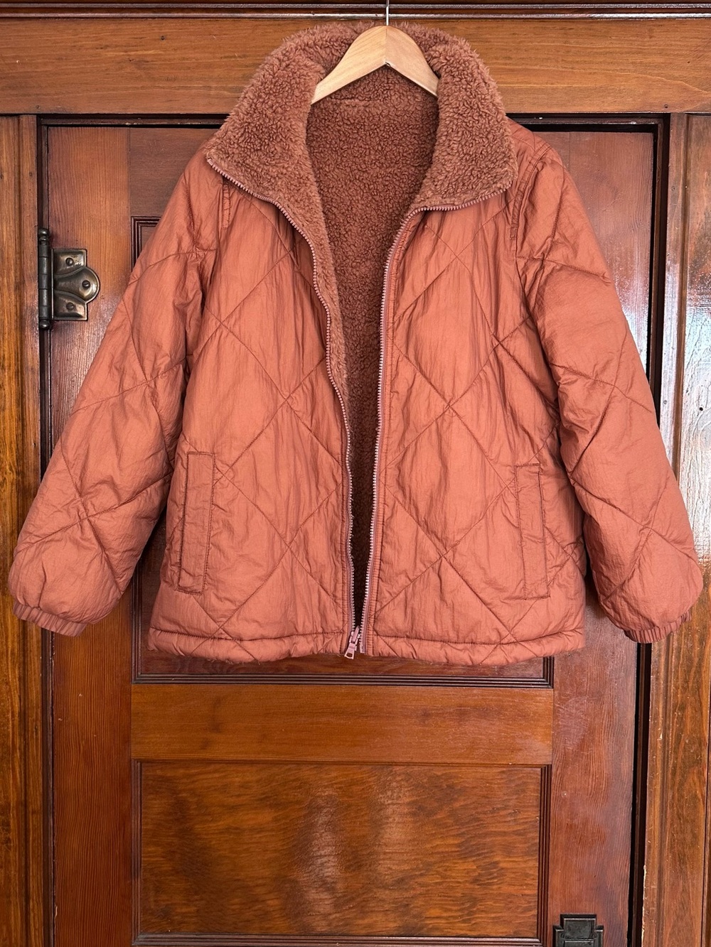 Madewell Reversible Sherpa Puffer Jacket Size Medium In Warm Umber Rust Orange